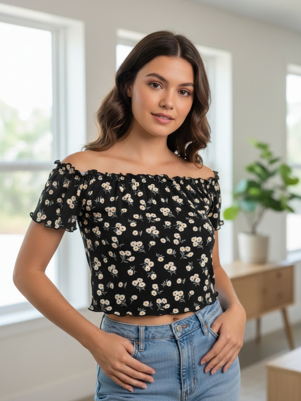 SHEIN Black Off-Shoulder Floral Crop Top